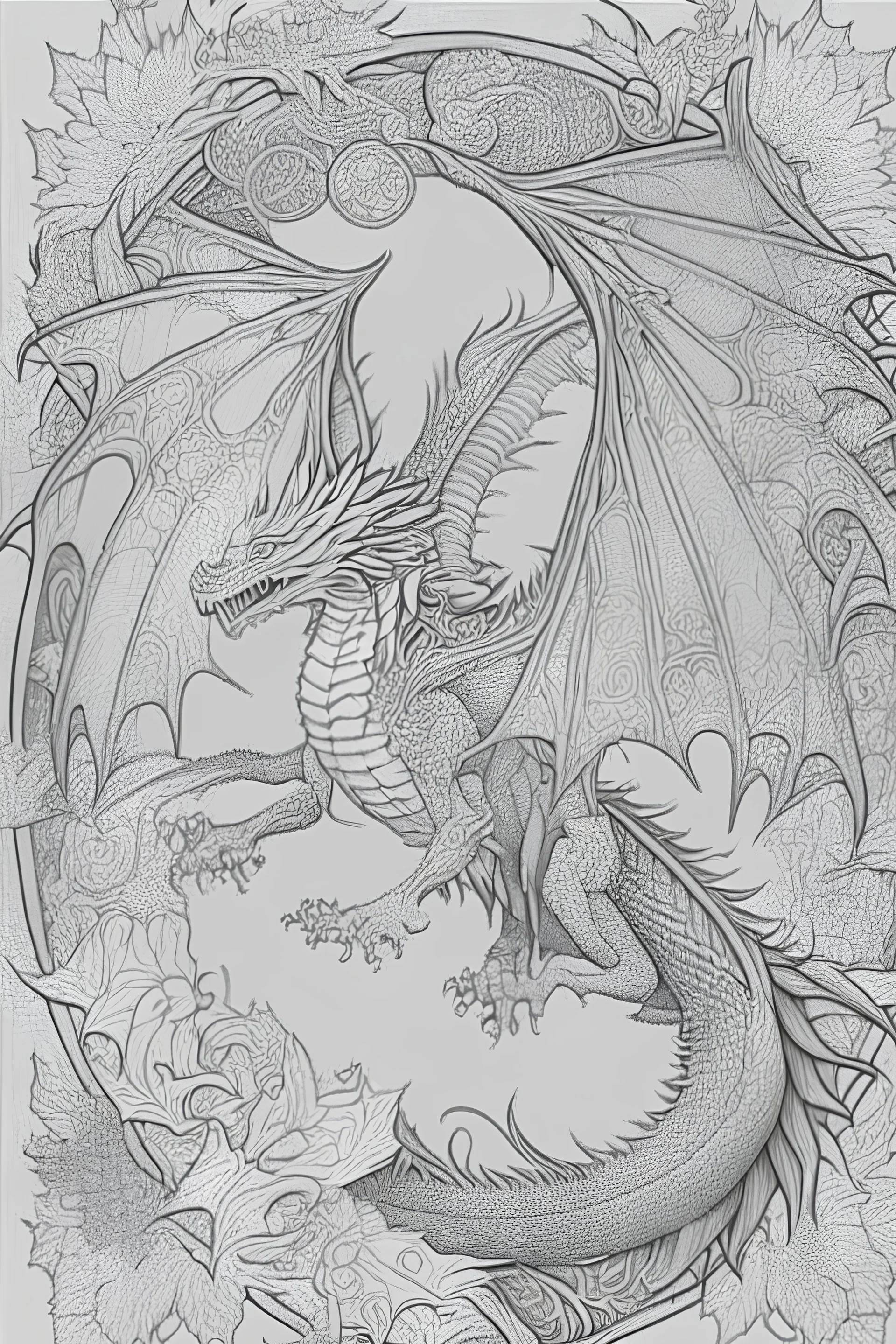 coloring book page of a flying dragon, mandalas