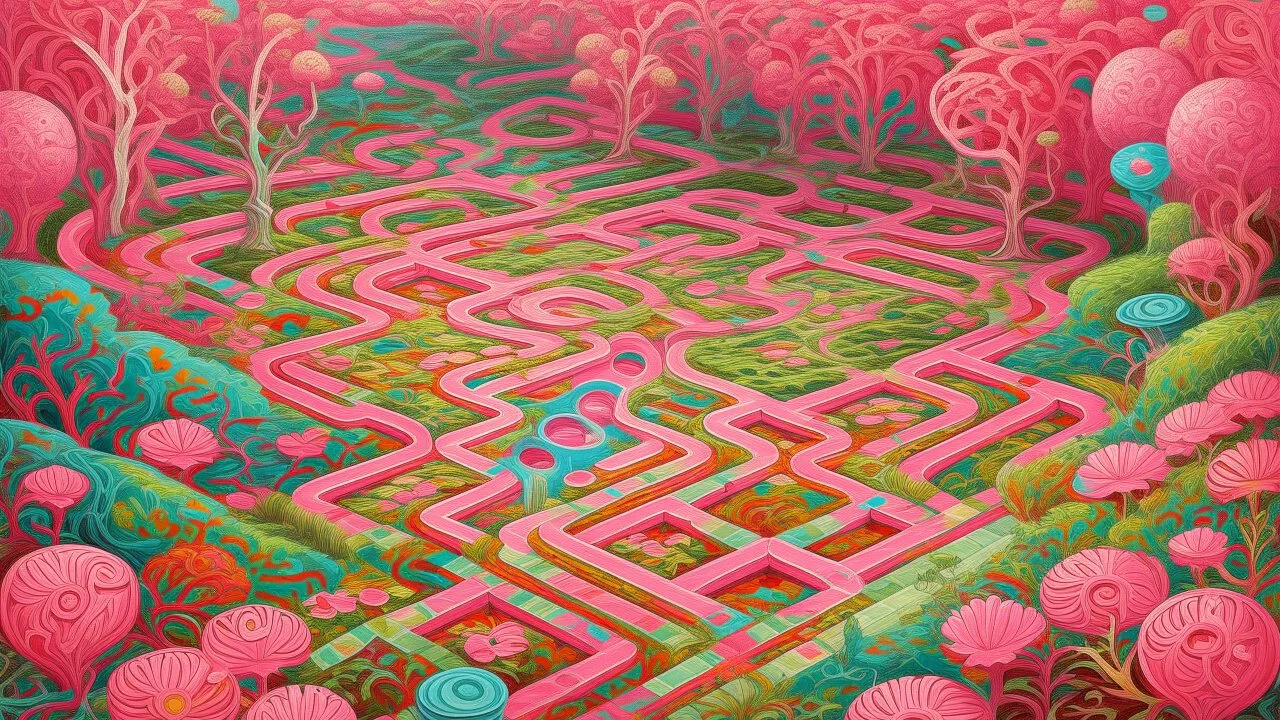 A rosy pink magical maze filled with puzzles painted by Vincent van Gogh