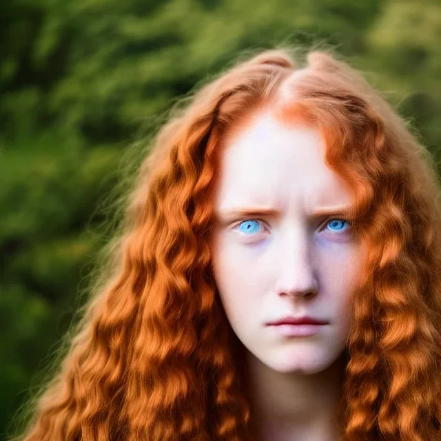 face of a young woman head and gaze downcast with fine features and long ginger hair