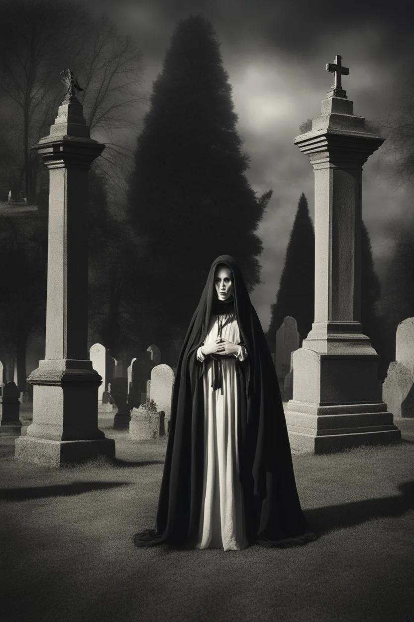 Ghost in a gothic graveyard in style of an old photograph