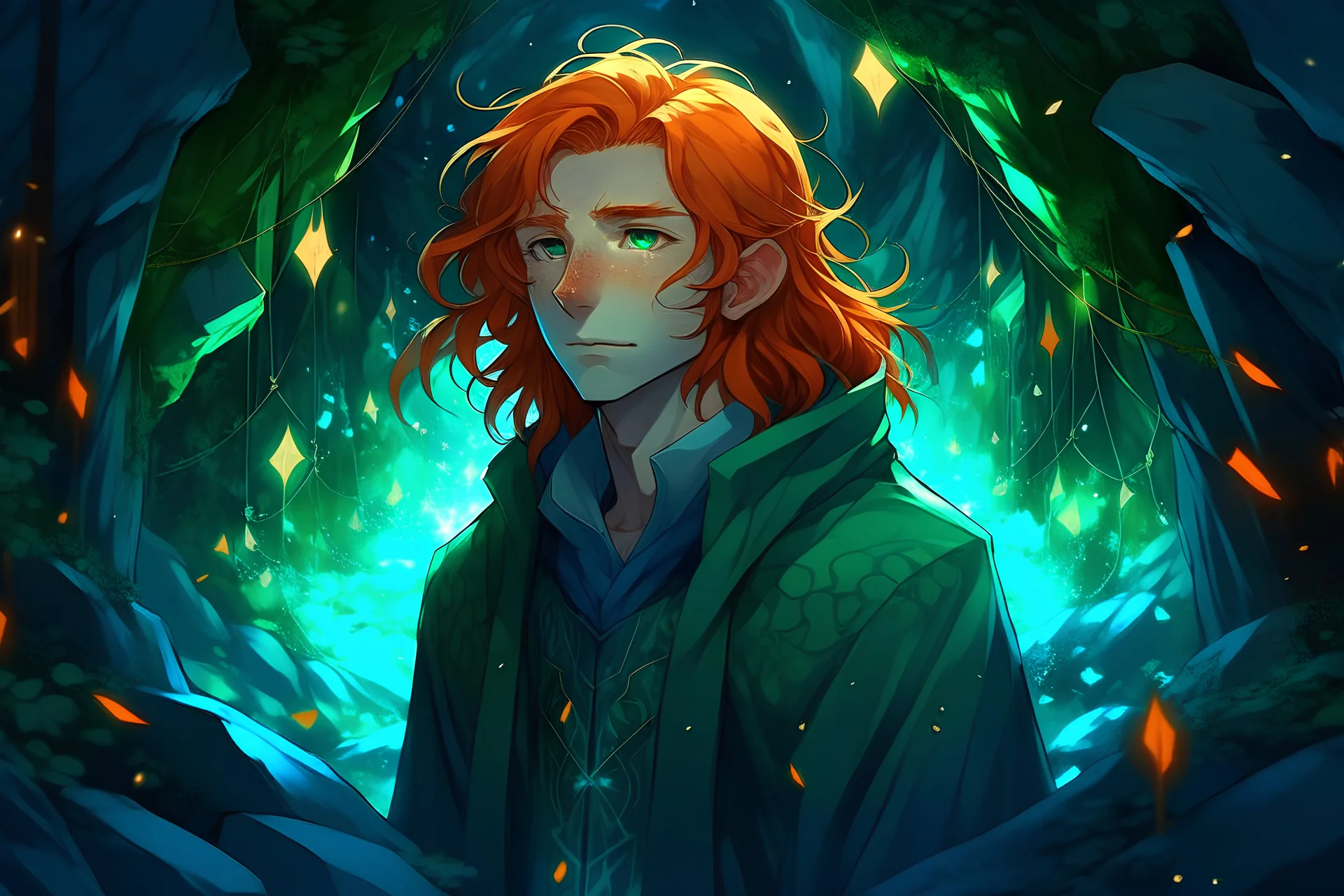anime man with long ginger red hair and blue eyes and forest green sweater standing in a cave with glowing crystals surrounding him