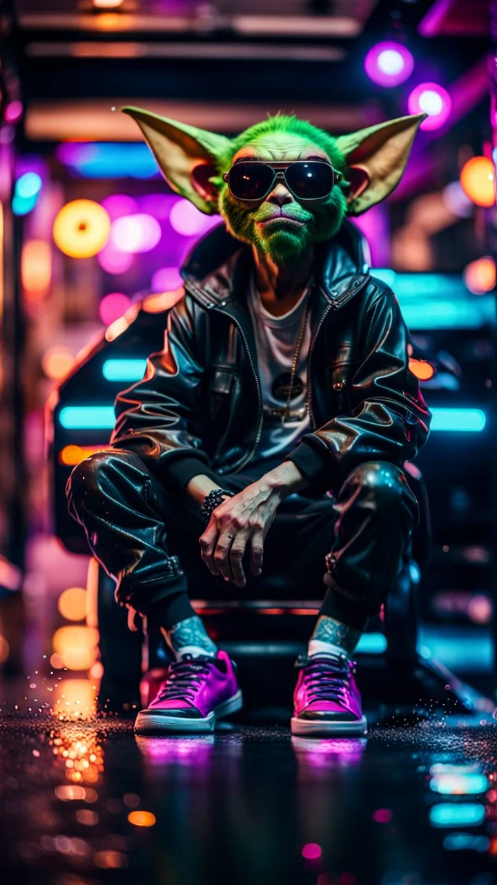 camera angle from feet, portrait of slick lord Gremlin myth buster pimp ninja cyber punk sitting on a hipster car parked in dark fashionably lit reflective wet arcade hall tunnel,bokeh like f/0.8, tilt-shift lens 8k, high detail, smooth render, down-light, unreal engine, prize winning