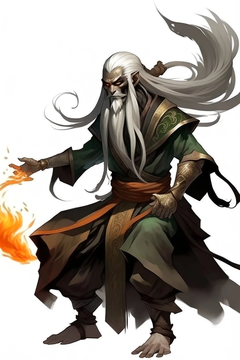 Air genasi from dnd with ashesen skin and asian flowing hair herematerial smoke Monk attire with ash giant Black Smoke Some hair Which Moke around him