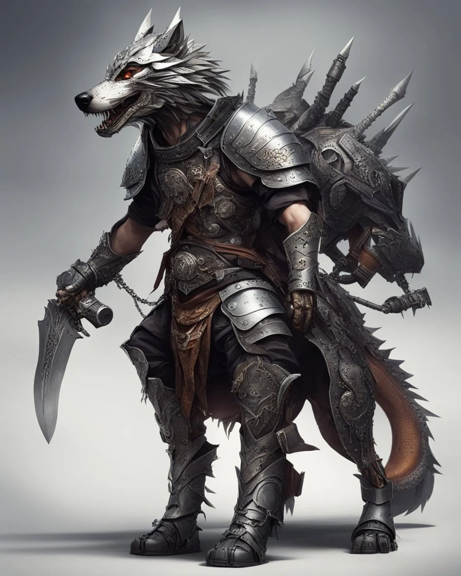 Warrior warrior with leather and metal clothes A combination of a dragon and a wolf and a commander riding on it Warrior warrior with leather and metal clothes and robotic metal