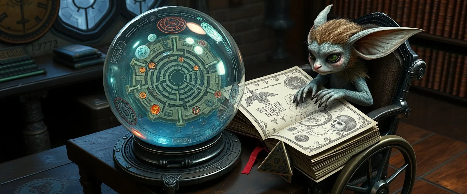 map of labyrinth contained in a glass ball with elemental sigils and symbols on a table beside a book called Rotten Riddles Age with weird illustrations, being read by an fluffy imp gremlin druid librarian in a cyber punk wheel chair in the style of Fallout 4 and Giger