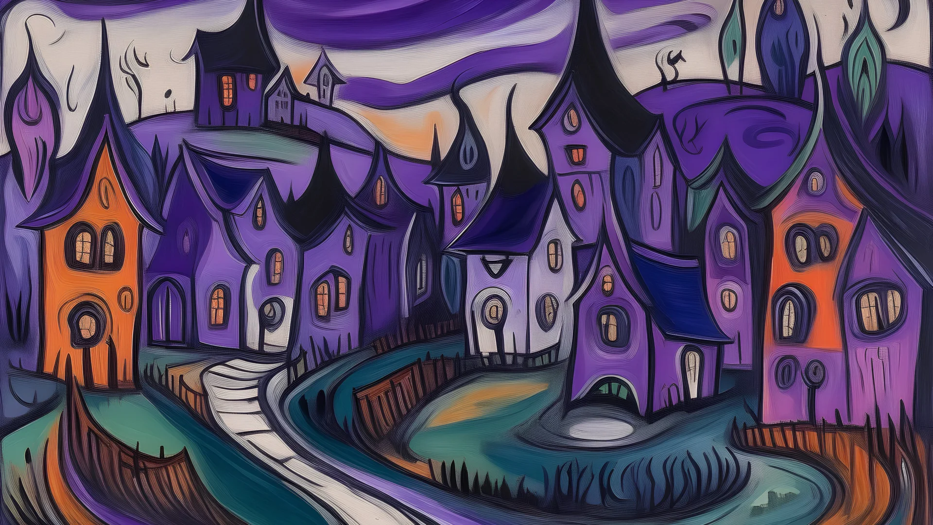 A purple spooky village painted by Edvard Munch