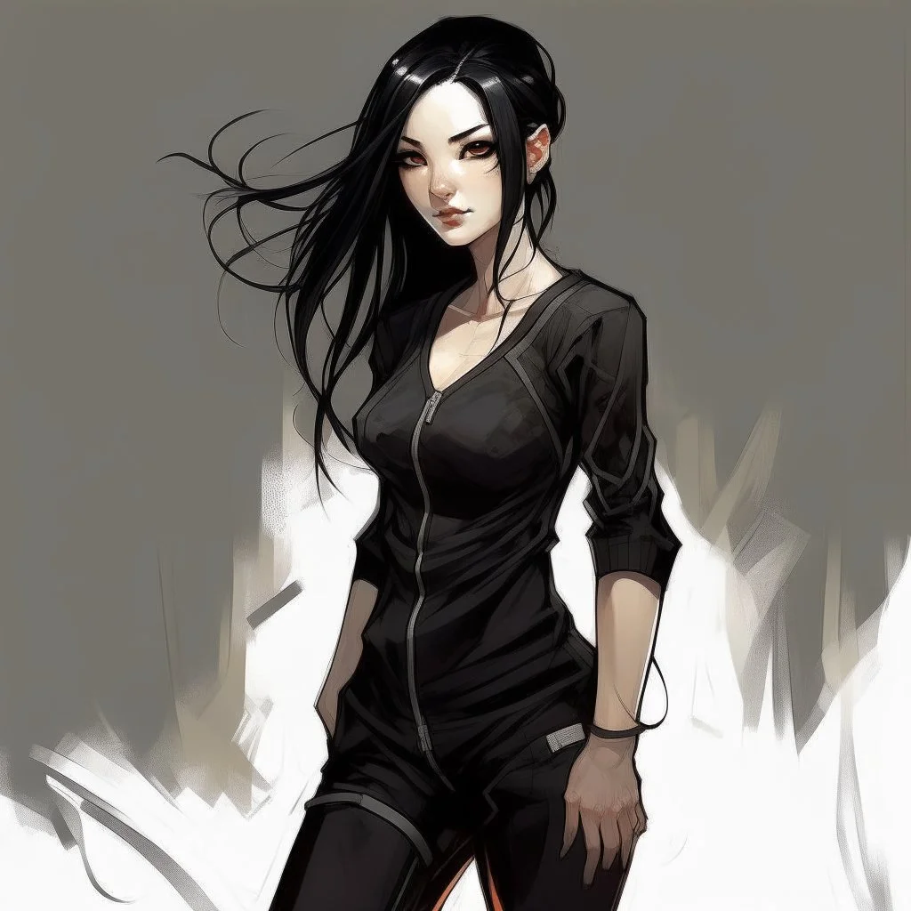 pretty girl, aged 15, black hair, black jumpsuit, dystopia, athletic