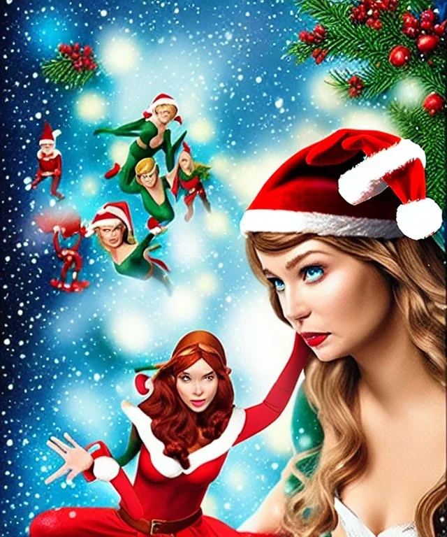 woman elve. Christmas scene. poster. marvel comic. low-key