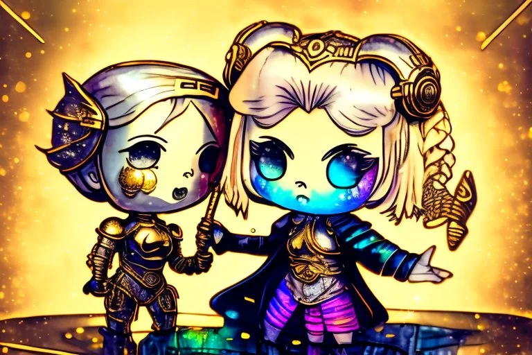 cute blonde chibi princess fighting with an ugly giant monster with a golden laser sabre, golden coin stacks, pond, in sunshine, H.R. Giger, anime, steampunk, surreal, watercolor and black in outlines, golden glitter, ethereal, cinematic postprocessing, bokeh, dof