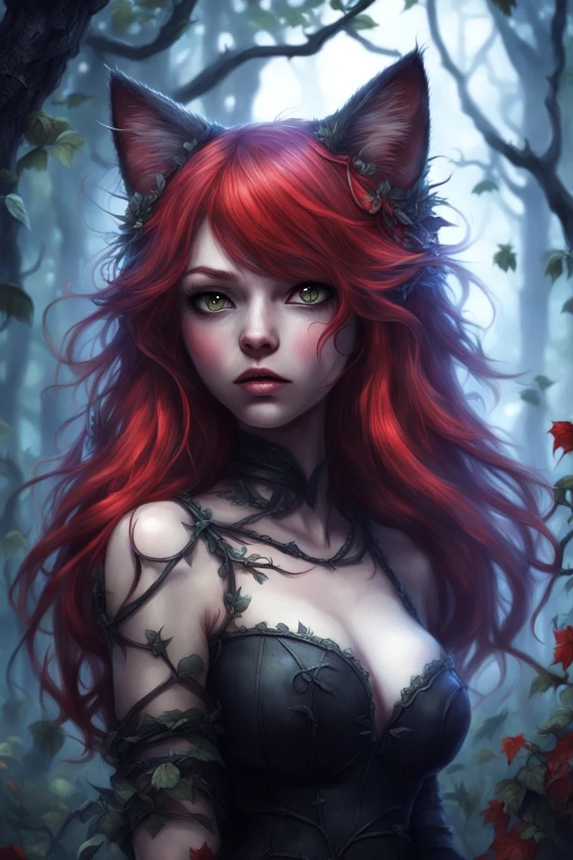 CAT GIRL, FANTASY, FORESTY, VINES, SOULLESS, FLUFFY TAIL, RED HAIR, METAL