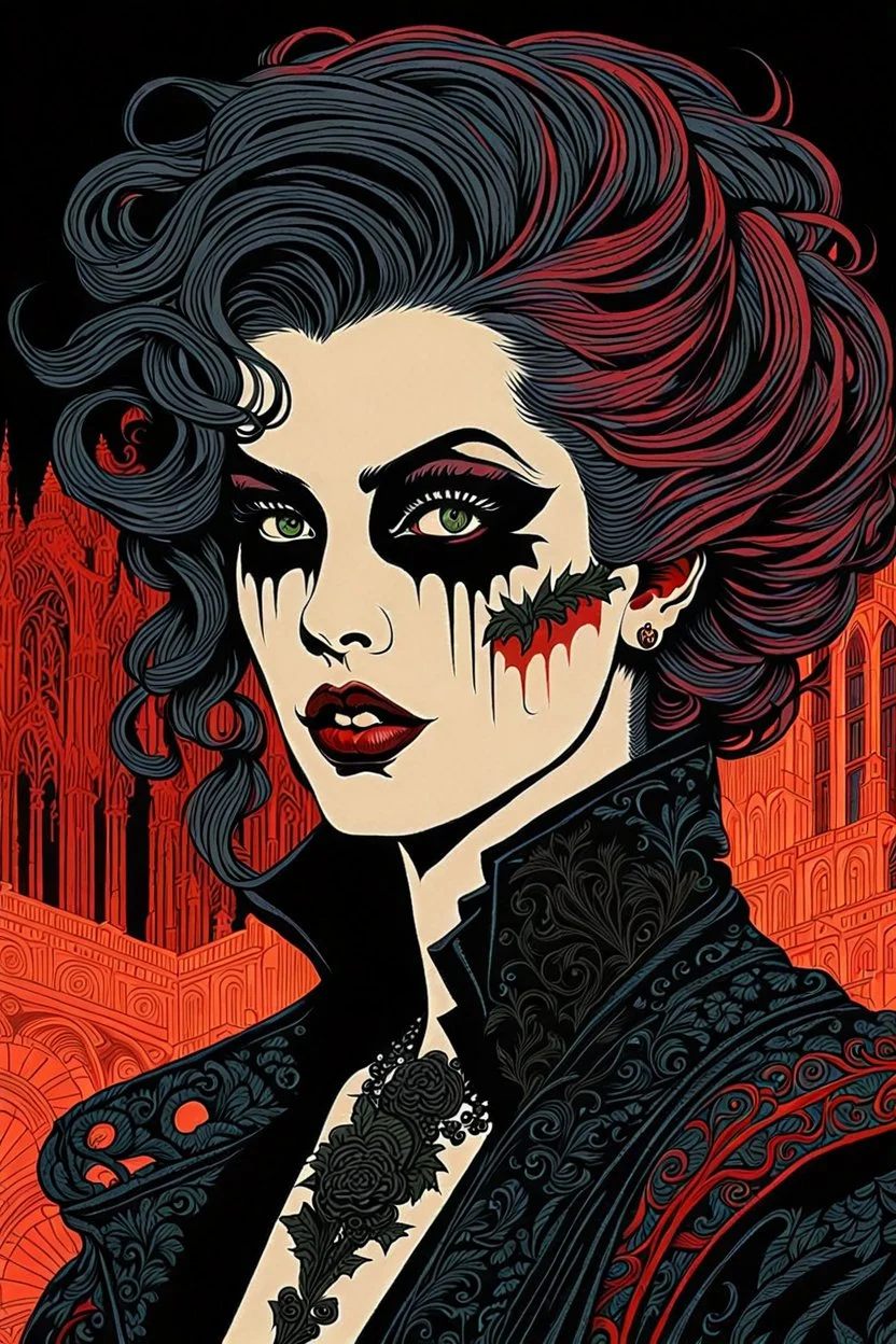 museum quality color woodcut of a dystopian goth punk female vagabond vampire with highly detailed hair and facial features , in the style of Gustave Baumann, with a fine art aesthetic, highly detailed, finely cut ,8k render,