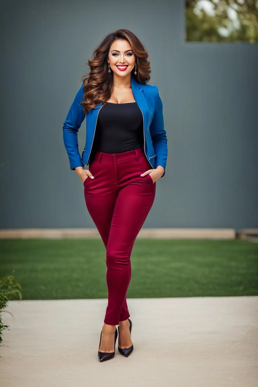 full body of very beautiful girl wearing blue pants and jacket, curvy hair ,standing idle happy pose in studio pretty makeup