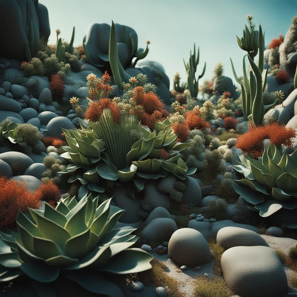 A striking photograh close-up captures a hyperrealistic wasteland with group of plants and glossy material, adorned with rocks. Magnificent. Henri Rousseau. Volumetric light. Shot on Kodak Portra 160 professional, eerie, giant black sun, 8k, deep 3d field, odd flowers, rock formations, strong texture, extreme detail, intricate, colours, rich moody colors, sparkles, bokeh, 33mm photography, details of the flowers and rocks very accentuated