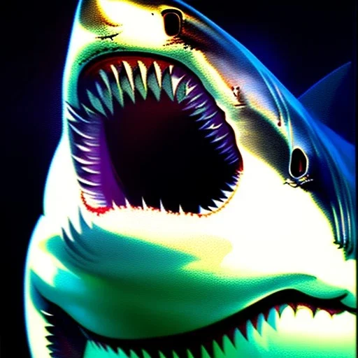 Great White Shark oil on canvas portrait , perfect composition, perfect anatomy, perfect contrast, intrincate detail, with two eyes, intense stare, realistic image, high resolution 8k, by Caravaggio