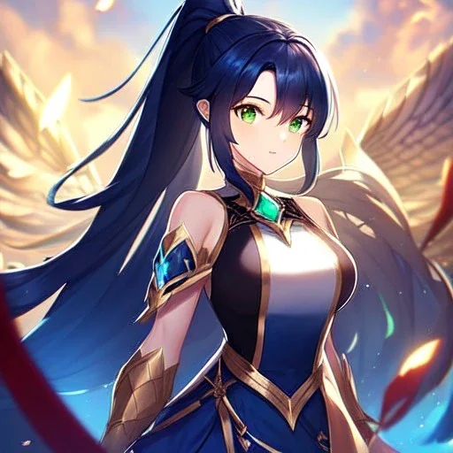 girl, masterpiece, best quality, volumetric lighting, detailed outfit, perfect eyes, dark blue hair, green eyes, long hair, valkyrie, ponytail,