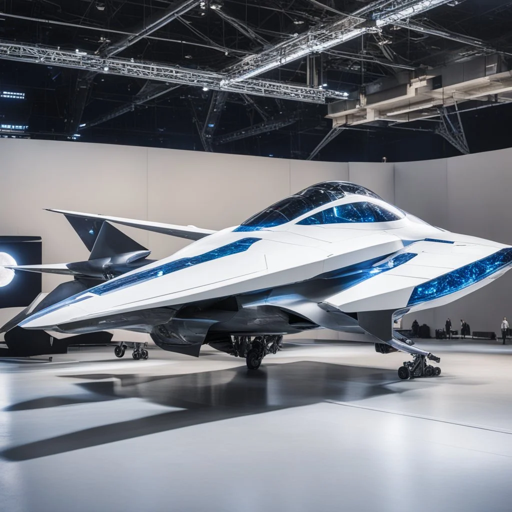 A photo from a distance shows the overall shape of a futuristic and sophisticated fighter plane with a design like a futuristic spaceship in a technology exhibition space event.