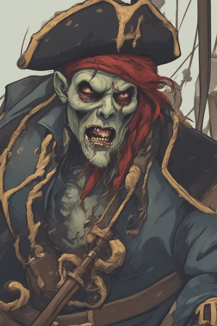 close up portrait of a zombi as a pirate, 2d style, background on a boat