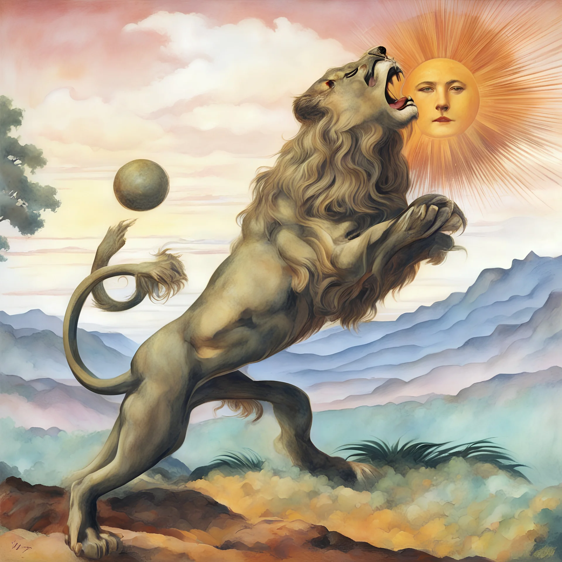 Art deco design of a lion devouring a sun