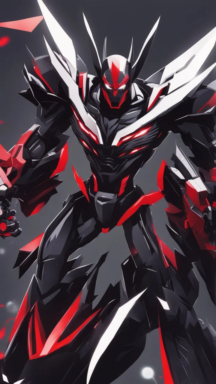 A close picture to Mix between transformers and batman and symbiote venom in solo leveling shadow art style with red details detailsis in fantasy world