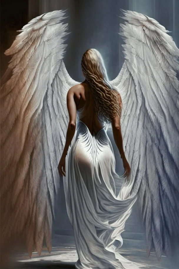 full body woman angel from back wings coming from her back, angel wearing long tunic hyper realistic