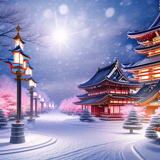 snowy Japan modern city landscape in winter, building light on, beautiful, colorful, art by old anime stedio, high details, high quality 8k