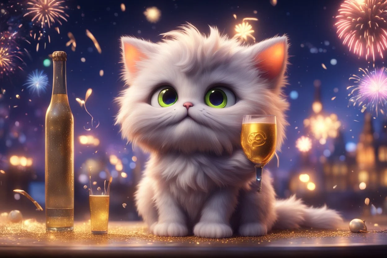 cute fluffy pixar chibi cat, new years eve scene, champagne, twisted serpentine, fireworks Weight:1 detailed matte painting, deep color, fantastical, intricate detail, splash screen, complementary colors, fantasy concept art, 8k resolution trending on Artstation Unreal Engine 5 Weight:0.9