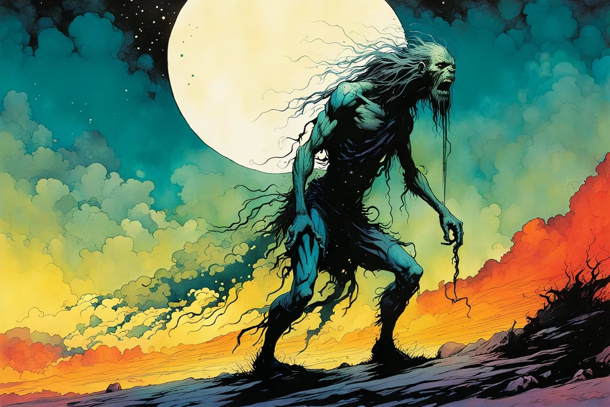 create an imaginative full body print illustration of an ethereal, otherworldly gaunt and withered ancient Striga monster, in the comic book art style of Bill Sienkiewicz, Mike Mignola, and Jean Giraud Moebius, with highly and finely inked