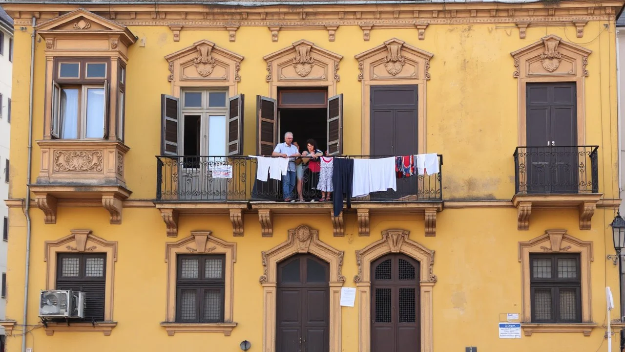 An old, yellow-colored building with ornate architectural details and balconies. There are two people standing on the balcony, and clothes are hanging out to dry. The background suggests an urban, Mediterranean-style setting