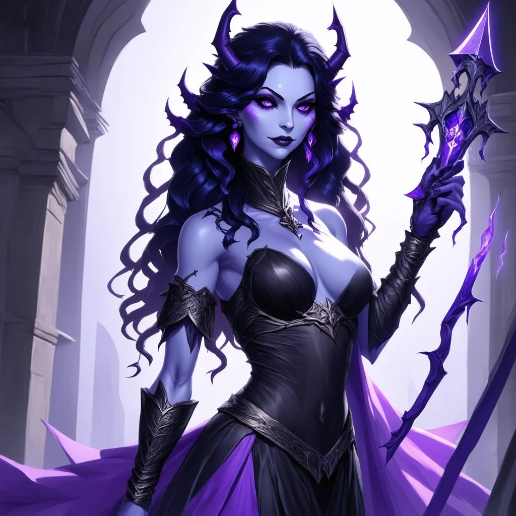 drow elf woman, sorceress, enchantress, dark hair, purple skin, demonic, digital art, dark fantasy