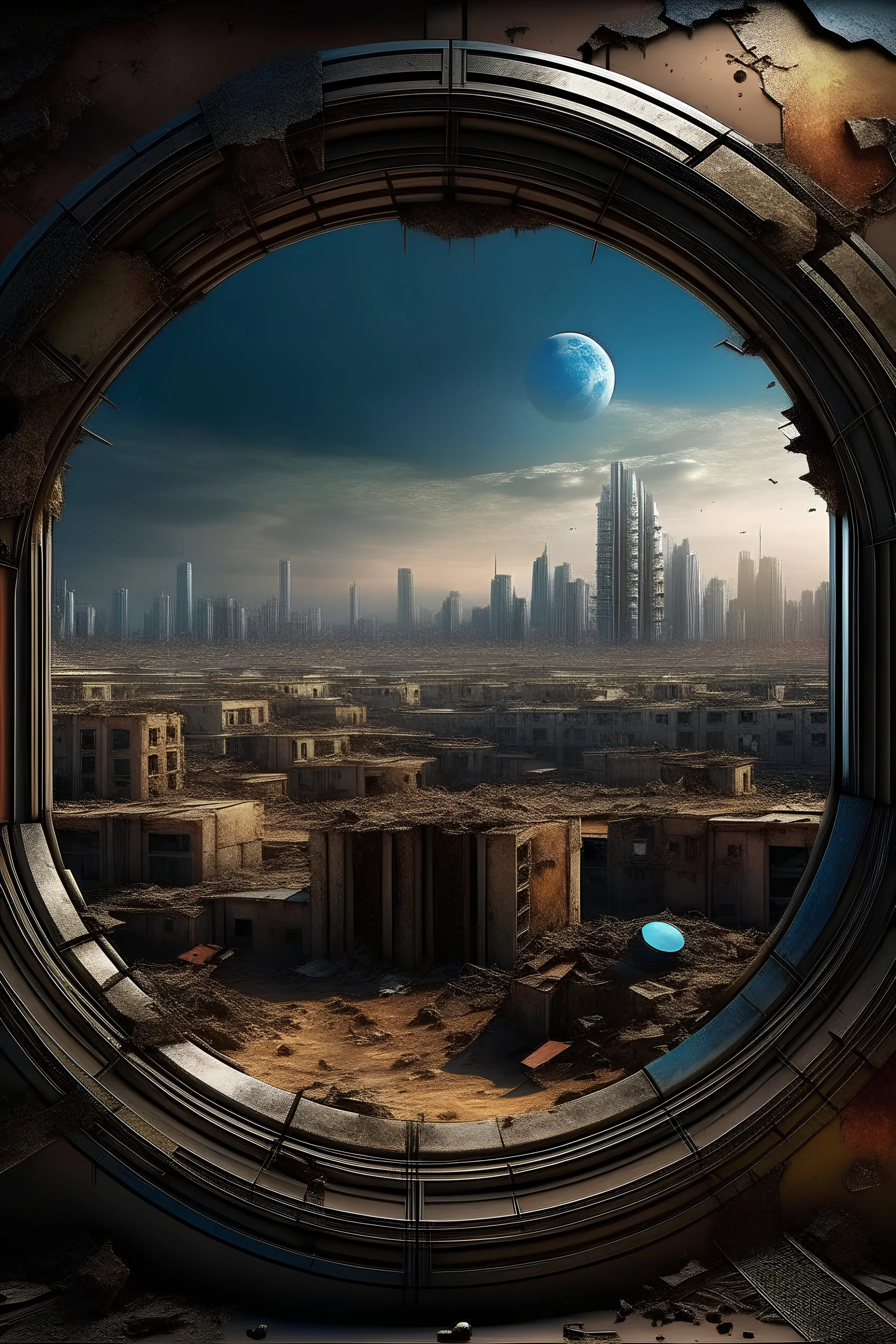 rare planet view through a window, several planets in the sky, post-apocalyptic city in the ground