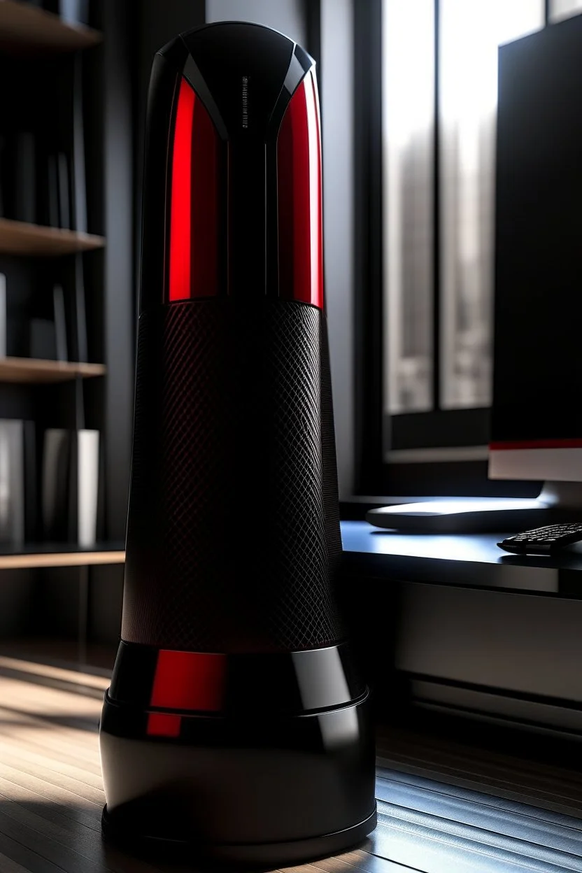 portable speaker, form inspired by avengers tower, architecture form, modern design style and black and red color