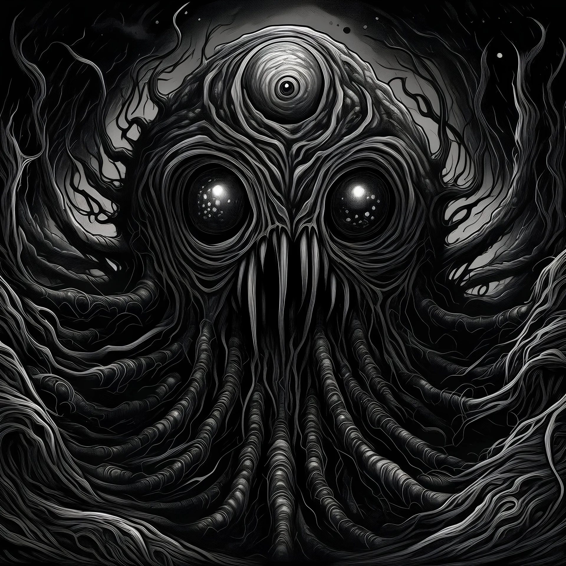 Create a monochromatic Black Metal album cover of a very detailed beholder