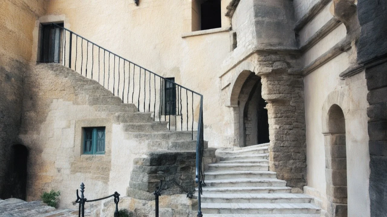 An old stone staircase leading up to an arched doorway in a medieval-style building, with a small window and other architectural details visible. The scene has a weathered, historic feel