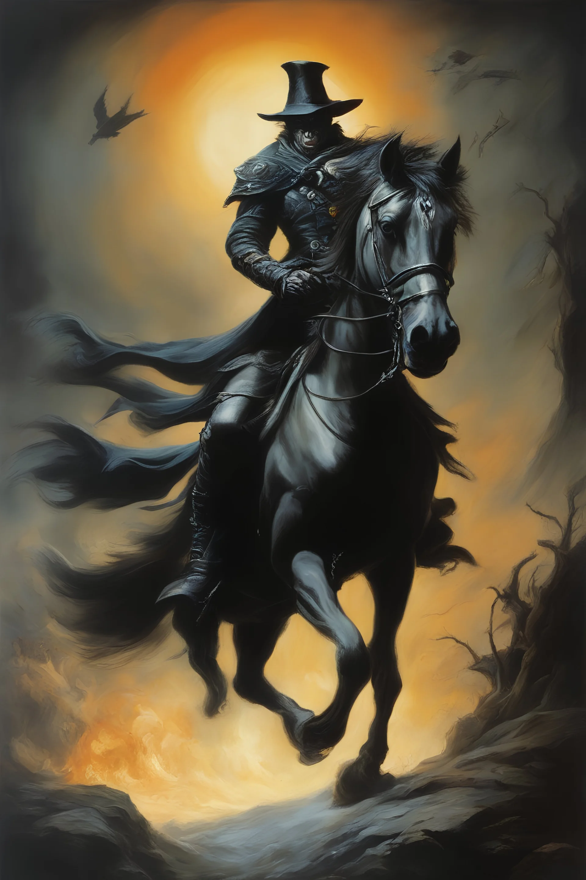 an extremely graphic depiction of the headless horseman, oil painting by Boris Vallejo