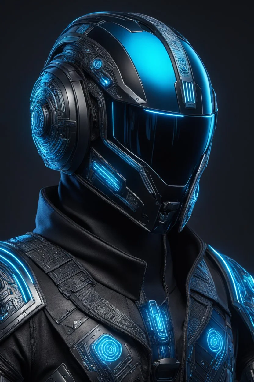 Someone wears a black glass Cyberpunk helmet , full helmet cover , Changshan costume, black and blue color, cyberpunk drawing style, neon, full body, intricate details, highly detailed, high details, detailed portrait, masterpiece,ultra detailed, ultra quality