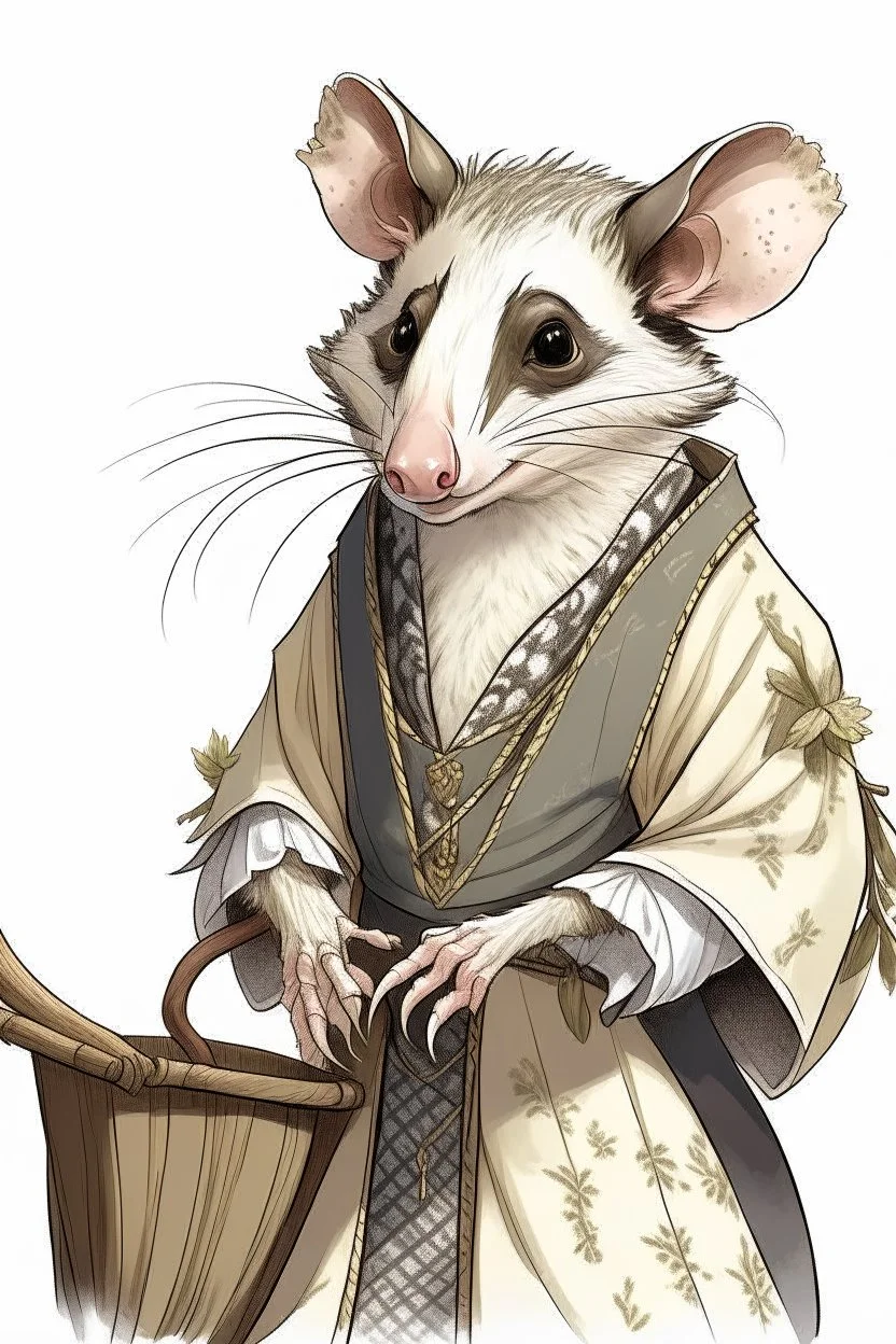 A drawing of an opossum in a male medieval maid outfit