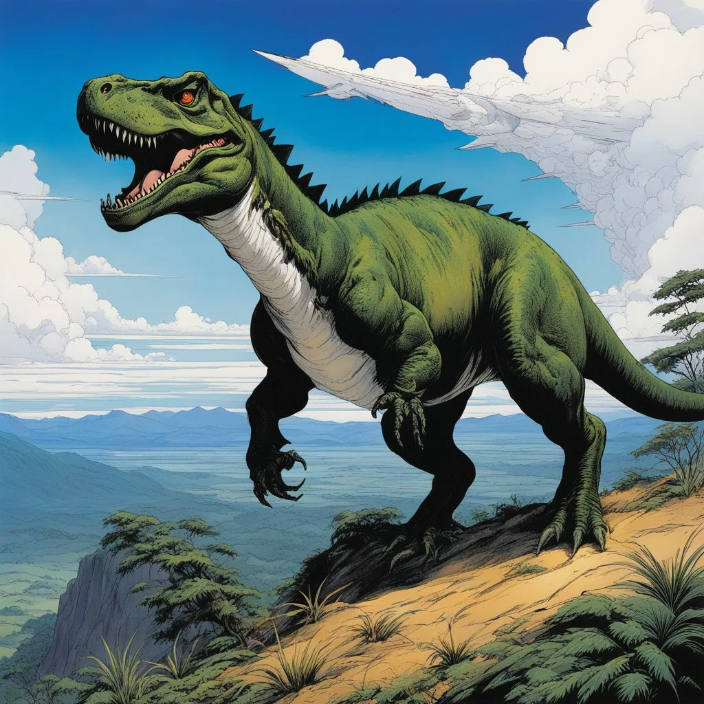 (in the style of Orion, by Masamune Shirow) a t-rex on the top of his hill