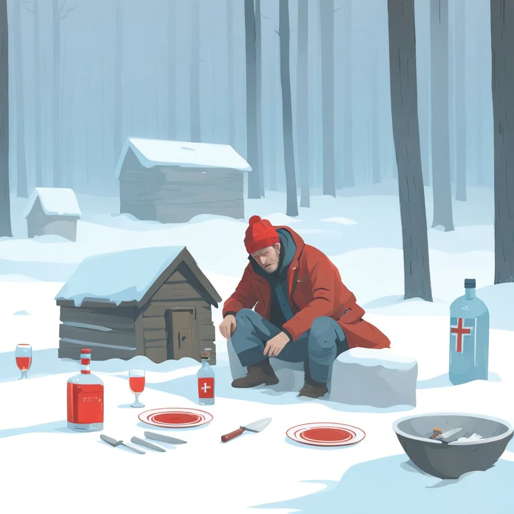 a sad depressed Finnish man with his empty plate, outside his house in the forest, Winter, snow, very cold, Finnish flag at half way up, Finnish flag, a bottle of Vodka in his hand, knifes and sauna, Simon Stålenhag style, lying empty vodka bottles on ground, graveyard with crosses and wolves