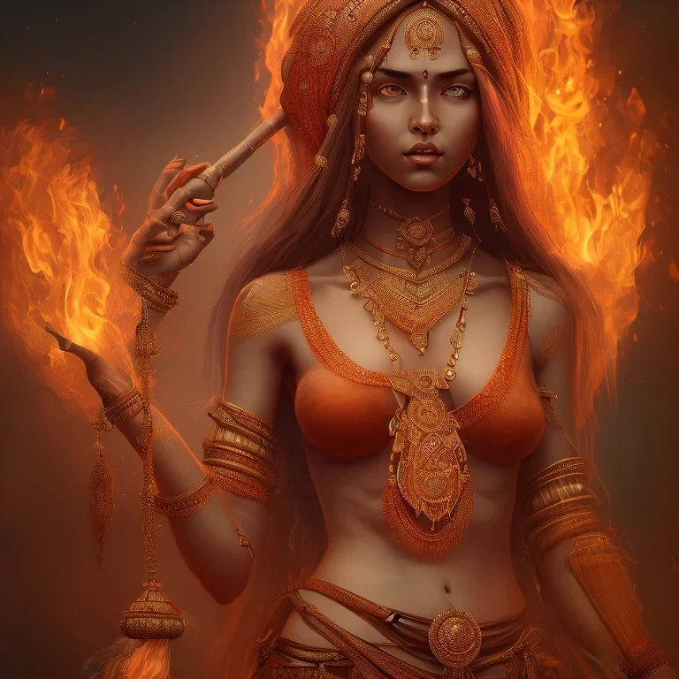 indian in the ornaments Fire theme art, Dark moody night atmosphere, , 8K, close-up face, anatomically perfect face, oak tree roots,