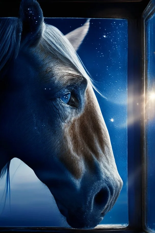 grandpa horse portrait with background star field seen in the window of a boat, 4 k, trending art, depth of field