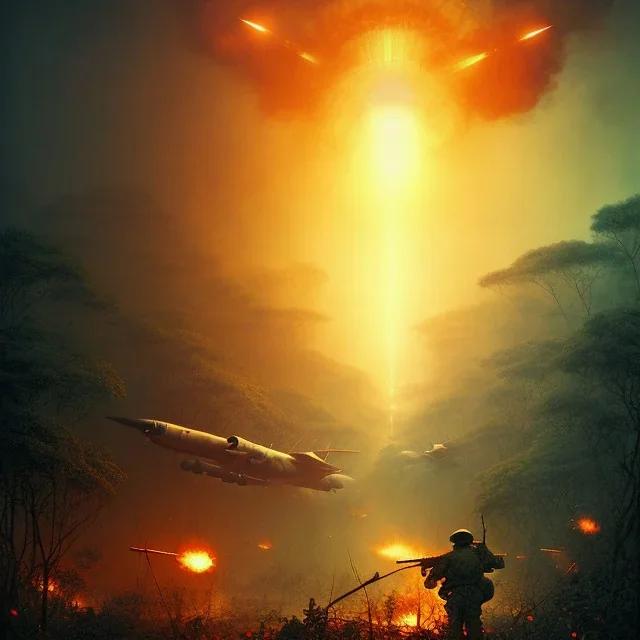 vietnam war. war report. napalm in jungle. bokeh. lens flare. warm lights. high detailed. beksinski