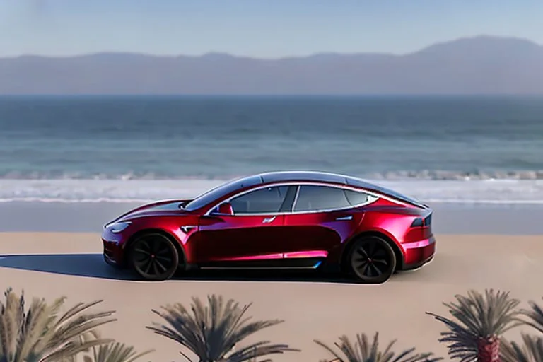 A Tesla 'Model S' is going at a high speed, at the 'Santa Monica State Beach' in California. (CINEMATIC, WIDE ANGLE LENS, PHOTO REAL)