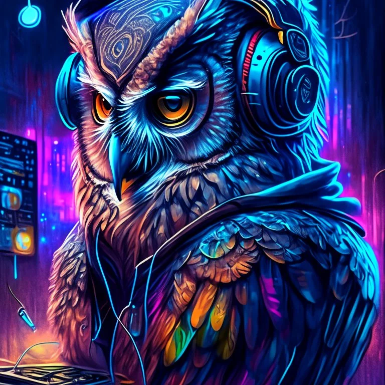 Illustrative sketch of a humanoid owl in music with headphones, full body, ultra quality, hyper detailed, graffiti, concept art, maximalism, 8k