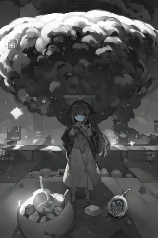 little girl watch Hiroshima bomb, greyscale