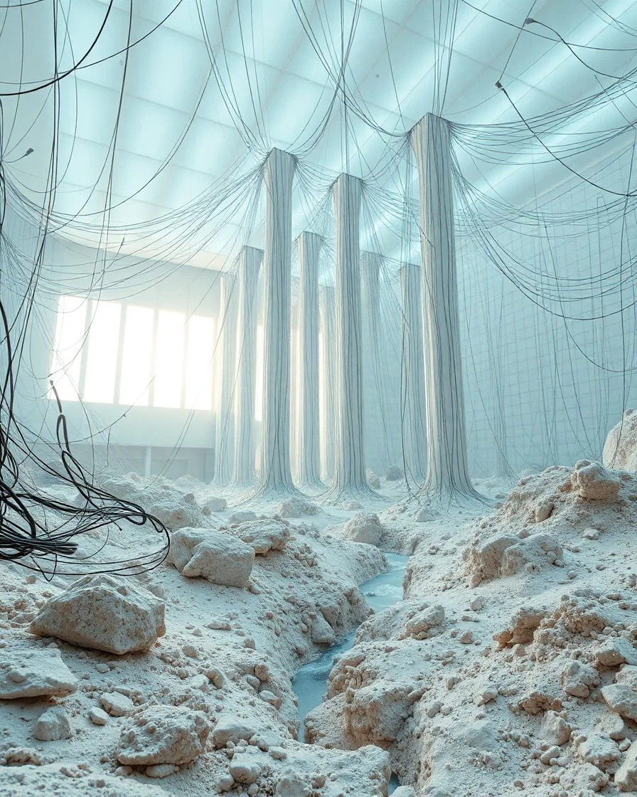 Photograph, a mass of wires, giant museum space, building, pillars, high walls, schermi di computer, high towers in a room, rag, powder, brook, sediments, deflagration of the background, geological formation, light, architecture, minimalist, details of the terrain very accentuated, 8k, deep 3d field, sharp, brutalist, hasselblad h6d400c --ar 85:128 --v 6.0