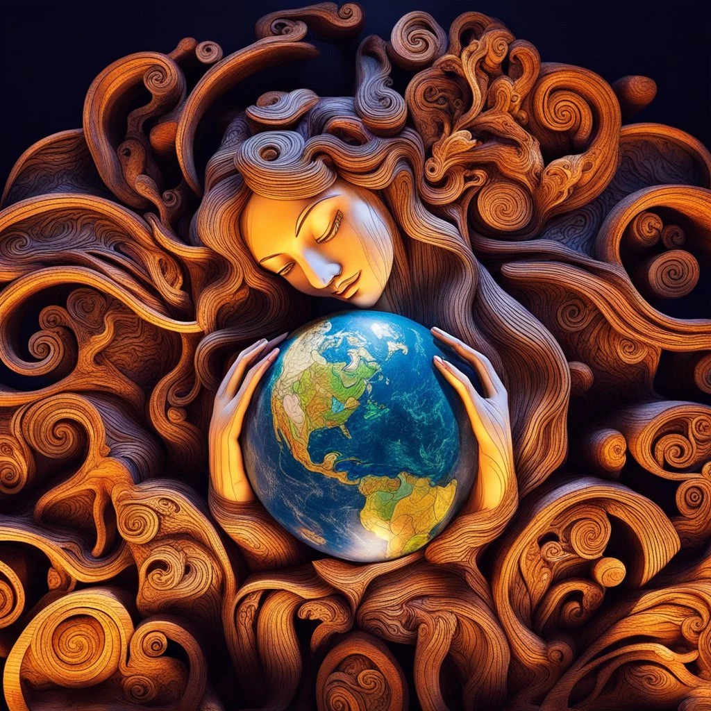 🔥 PROMPT: A surrealistic art piece featuring Mother Earth cradling Planet Earth in her arms. The sculpture is intricately carved from interlacing wood, with stained glass inlays that illuminate the artwork. The filigree design draws inspiration from Irish folk art, blending the styles of James Rizzi, Mary Anning, Rufino Tamayo, and Carl Kleiner. Set against a dark background, the illuminated sculpture installation presents a stunning fusion of nature and art, with detailed craftsmanship and vib