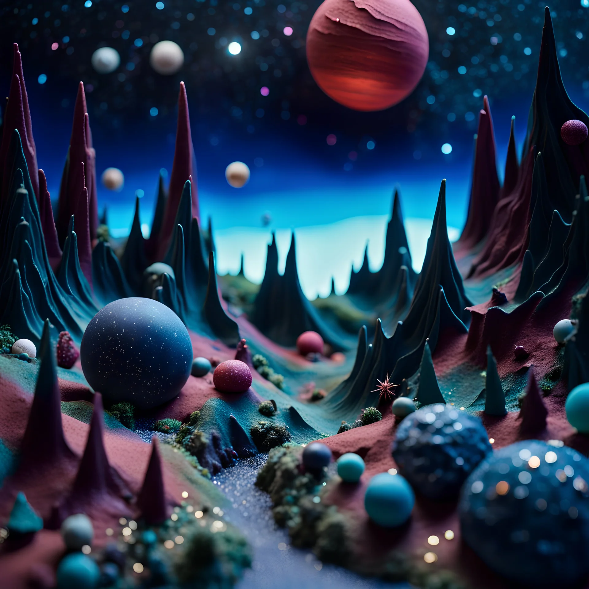 Detailed creepy landscape made of modeling clay, stars and planets, Roger Dean, Tim Burton, strong texture, Ernst Haekel, extreme detail, Max Ernst, decal, rich moody colors, sparkles, bokeh, odd