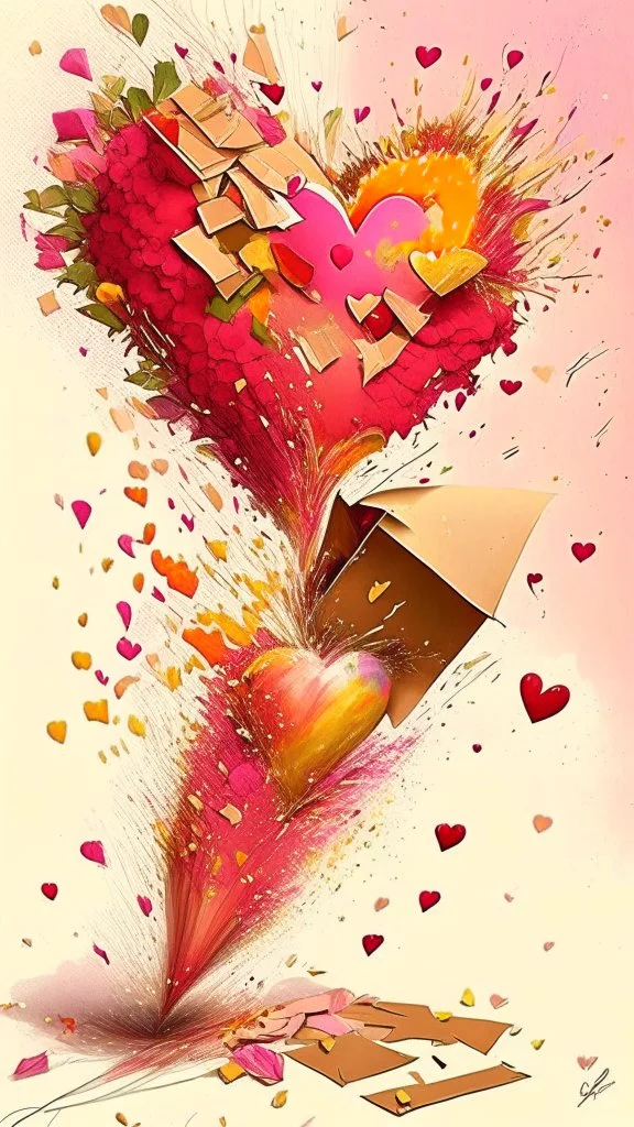 love letter explosion, art, drawing, very realistic, detailed, vibrant colors.