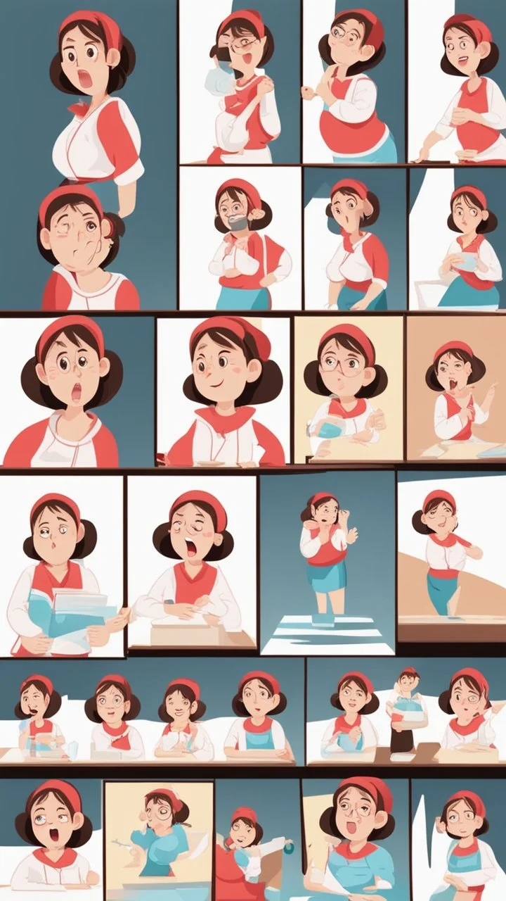 Big girl character, multiple poses and expressions, Real stories illustration style, cute, 20years old girl, full color, red