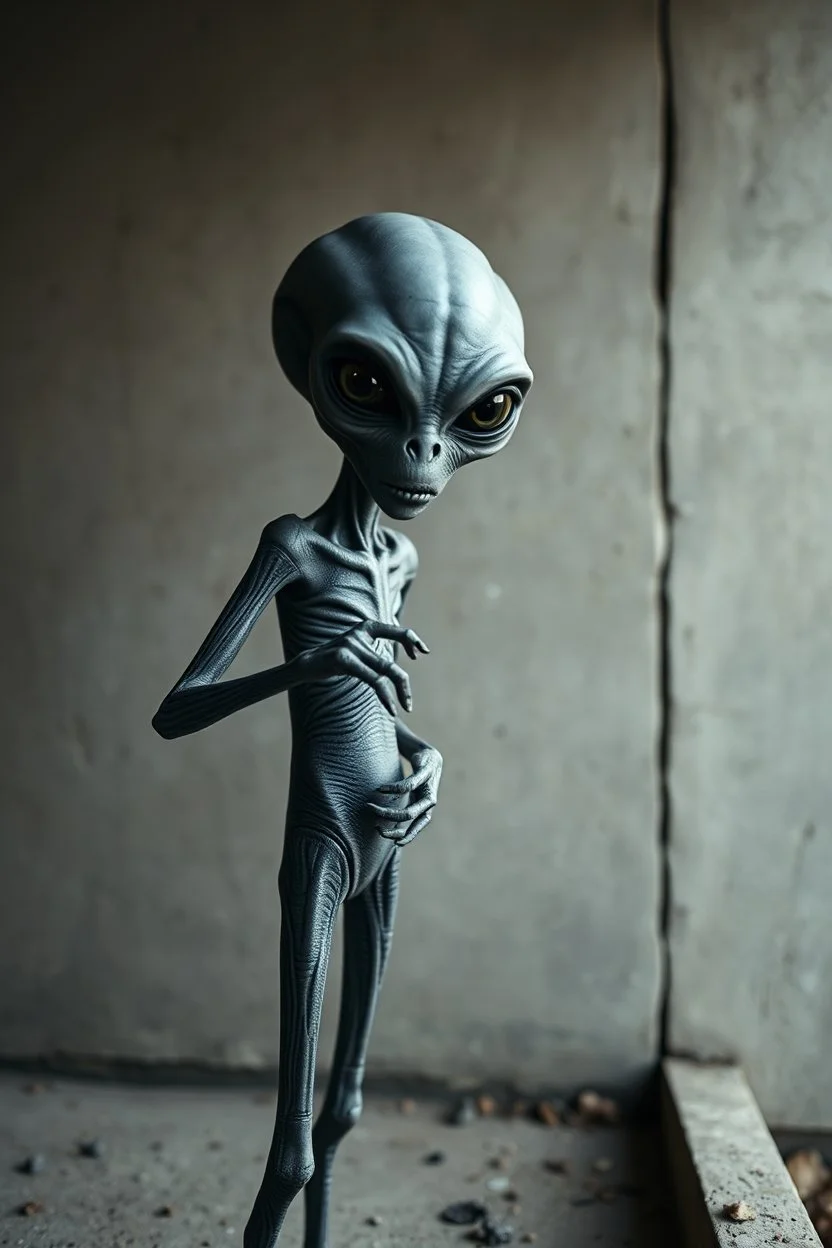 a gray alien standing by a wall pissing front view he turned face write scared